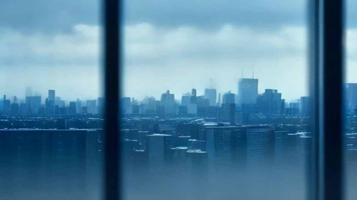 shallow depth of field close-up of a panoramic city skyline seen through an office window, subtle blue tones, overcast diffused light (illustrative image)