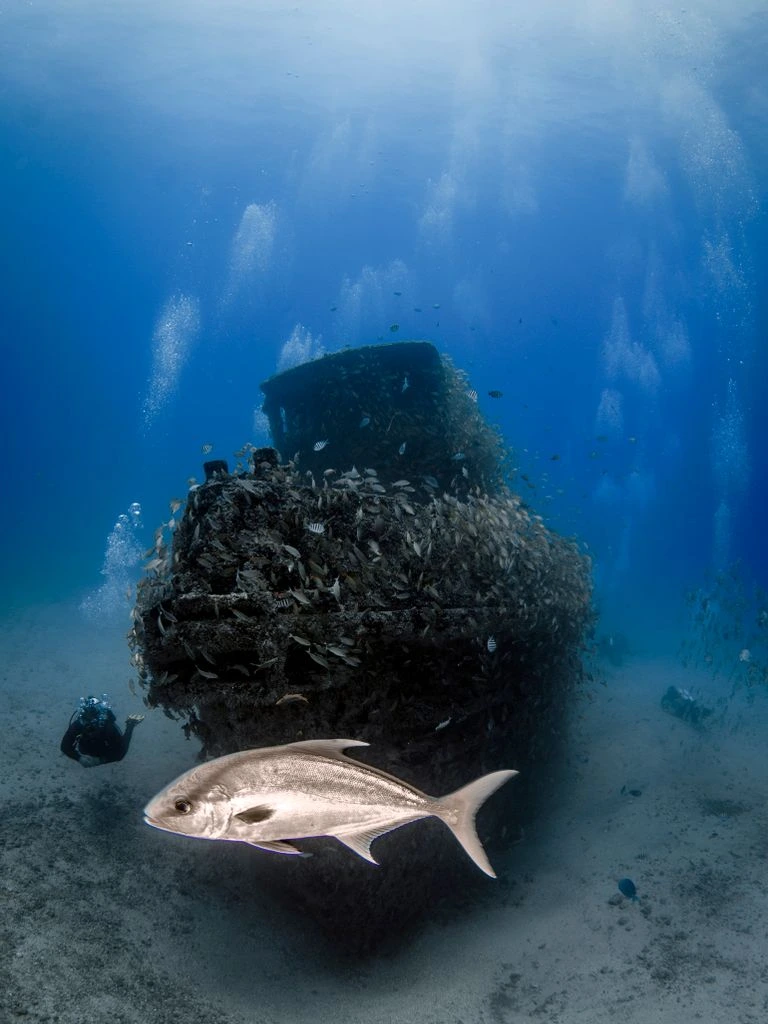 A diver inside the upper deck of the Spiegel Grove wreck