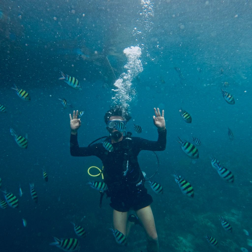 Two divers descending over a shallow spur-and-groove reef in Key Largo.