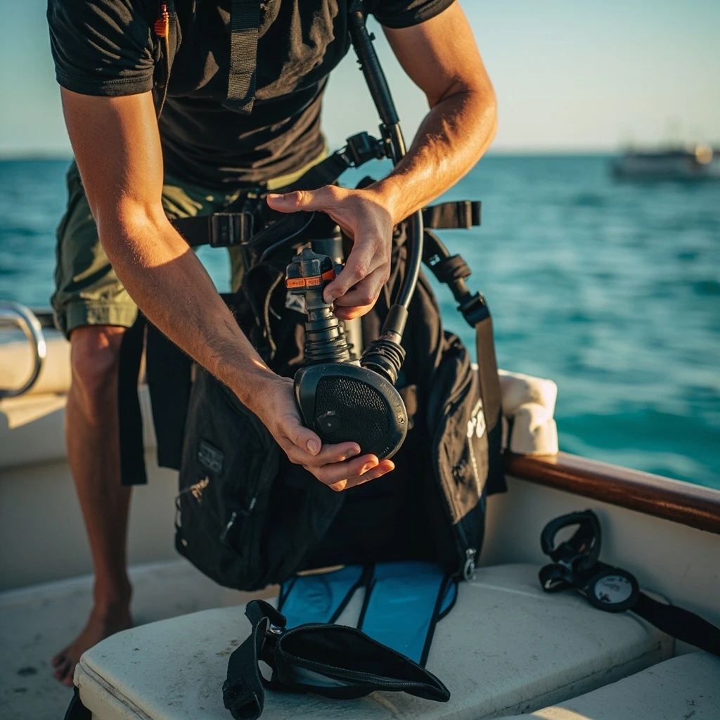A divemaster preparing a BCD and regulator on the boat deck.